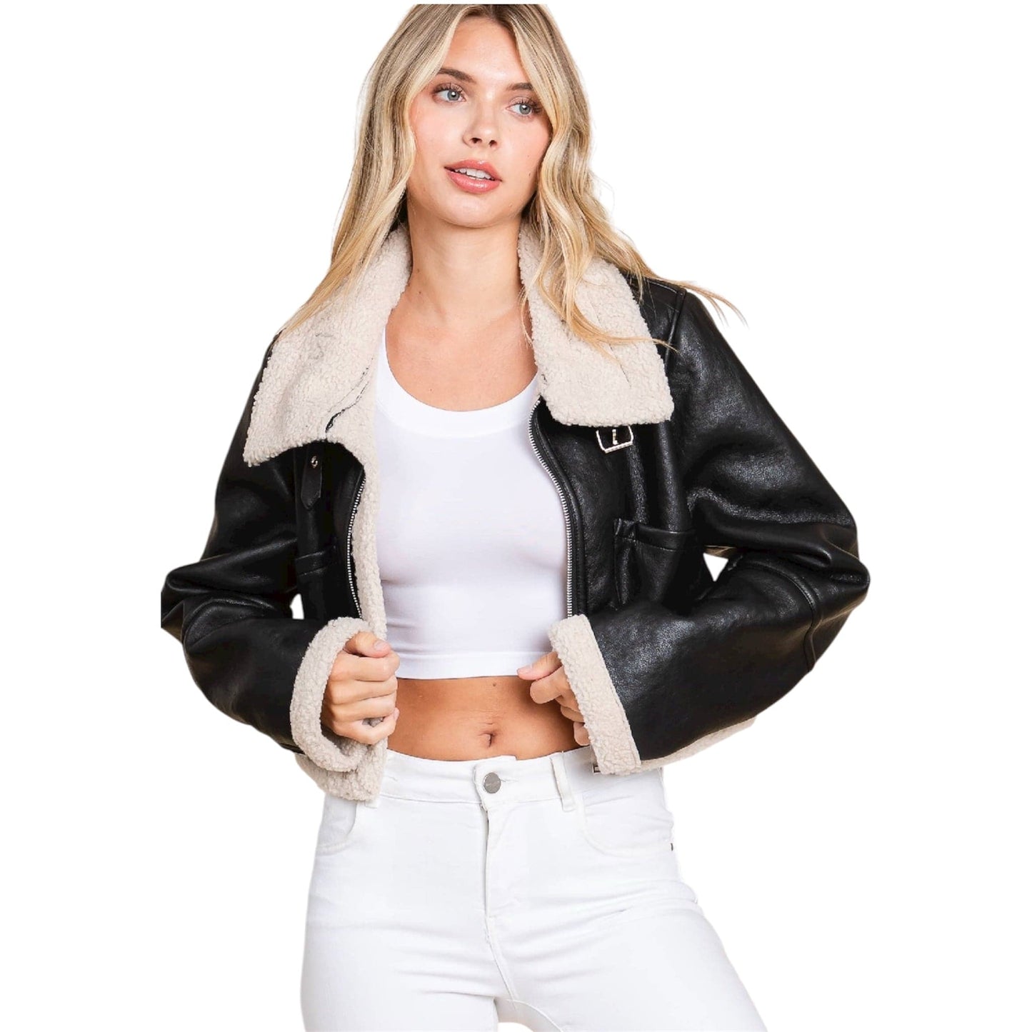 Black Faux Leather Sherpa Jacket