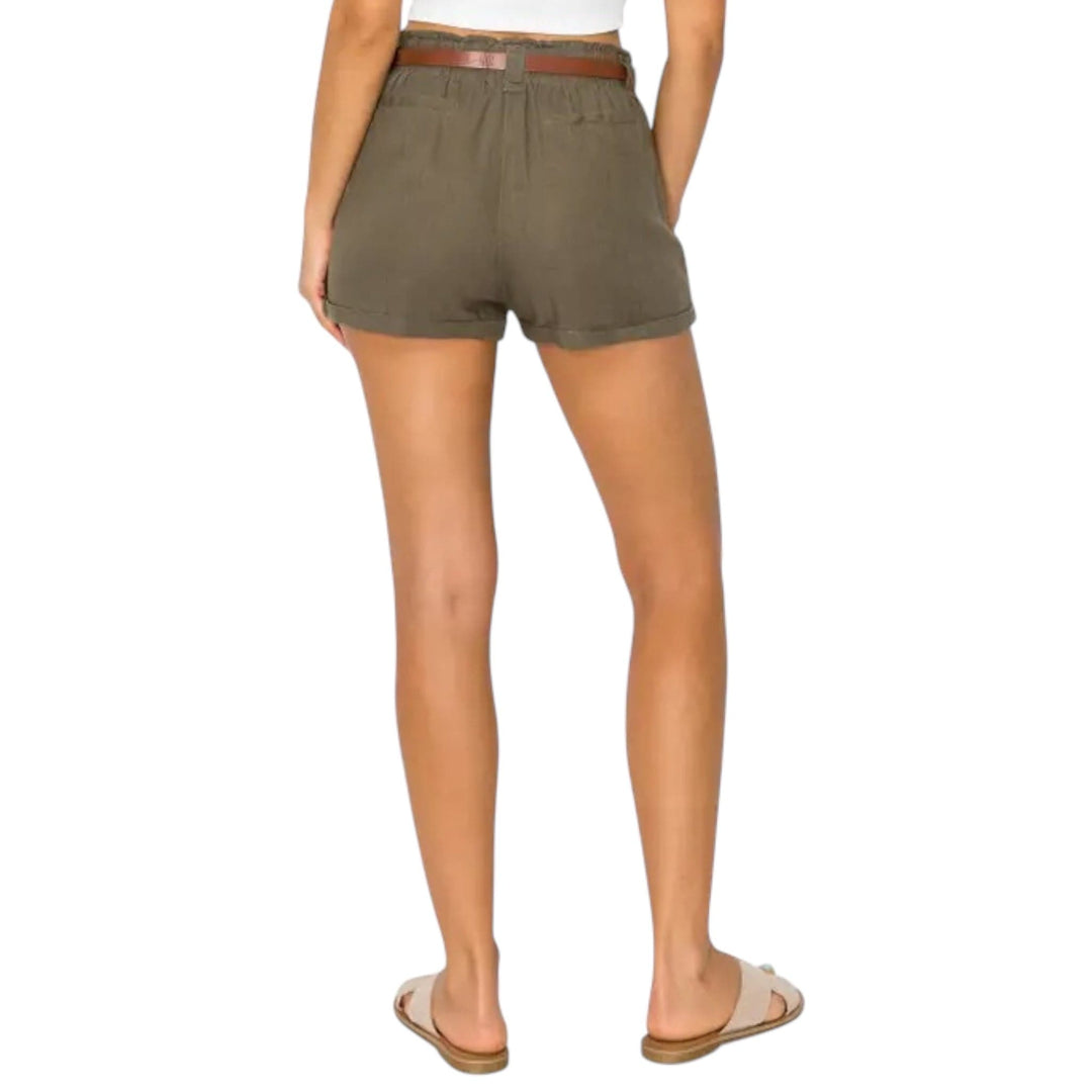 Olive Belted Linen Shorts