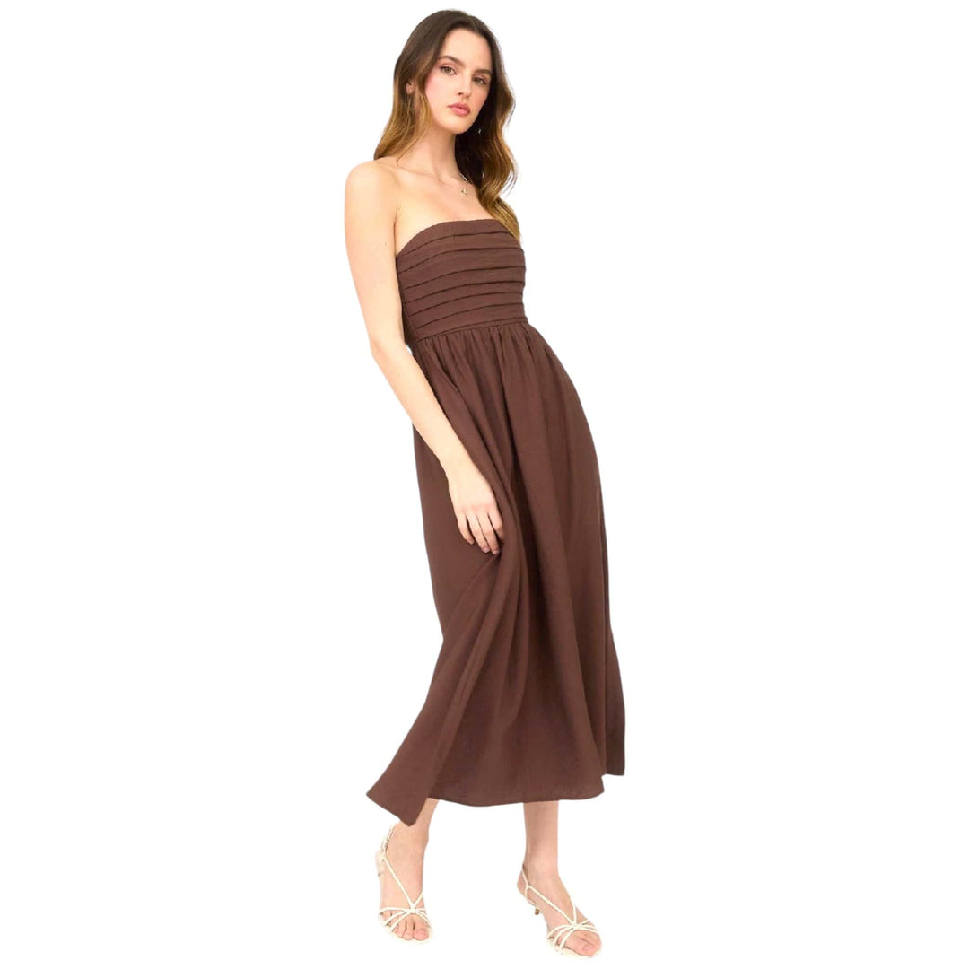 Brown Pleated Bodice Strapless Midi Dress