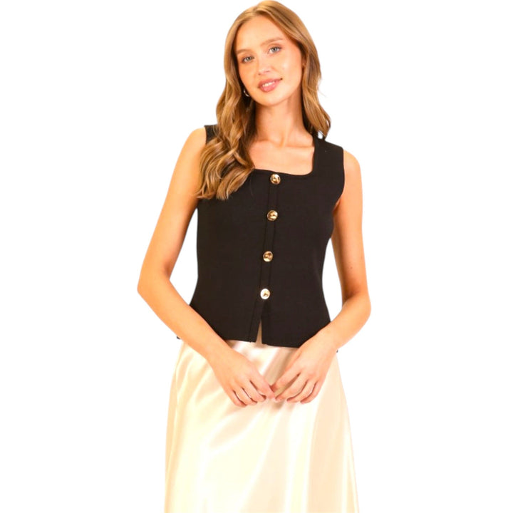 Black Gold Button Front Knit Tank Top