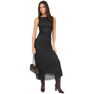 Black Lace Ruched Detail Tank Midi Dress