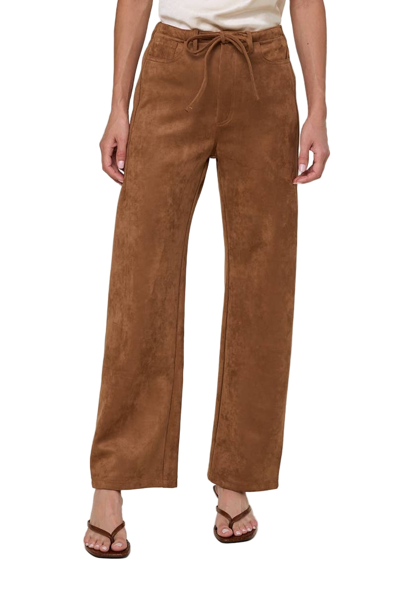 Suede Camel Front Tie Straight Leg Pants