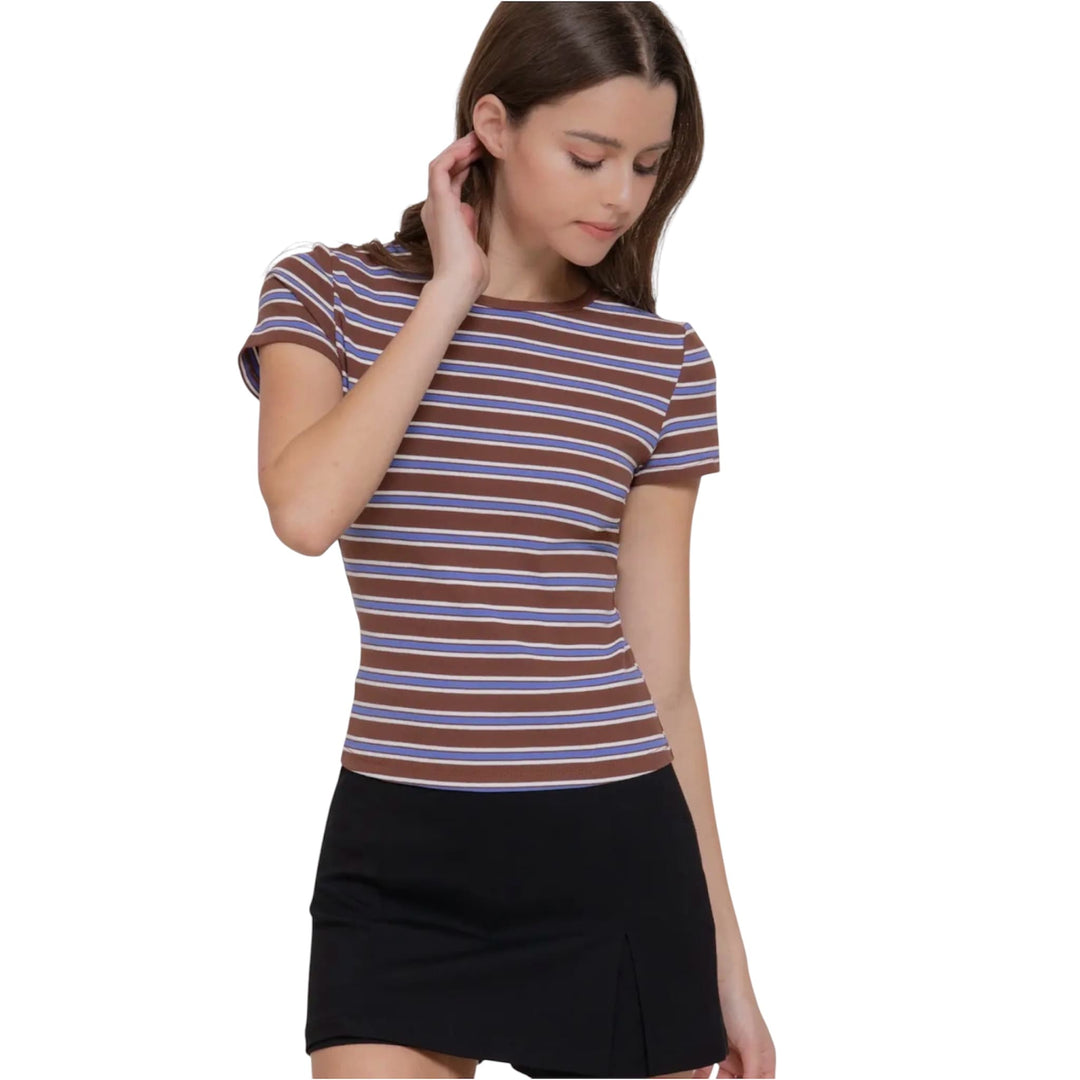 Brown and Blue Short Sleeve Multi-Striped Rib Knit Top