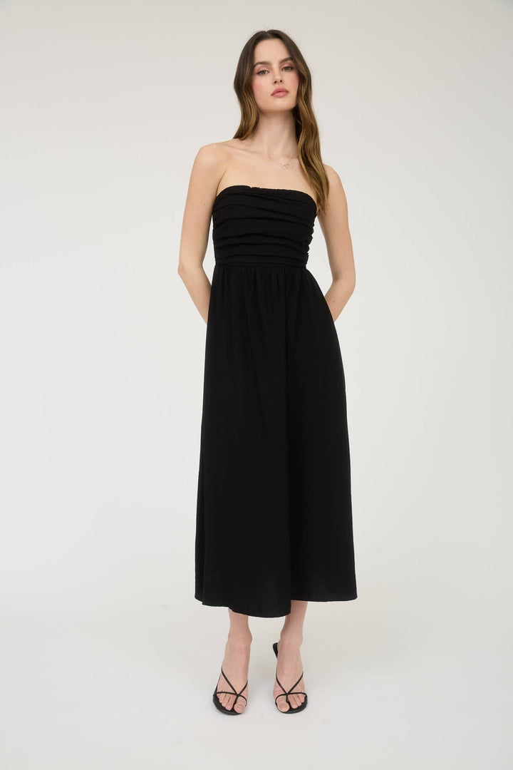 Black Pleated Bodice Strapless Midi Dress