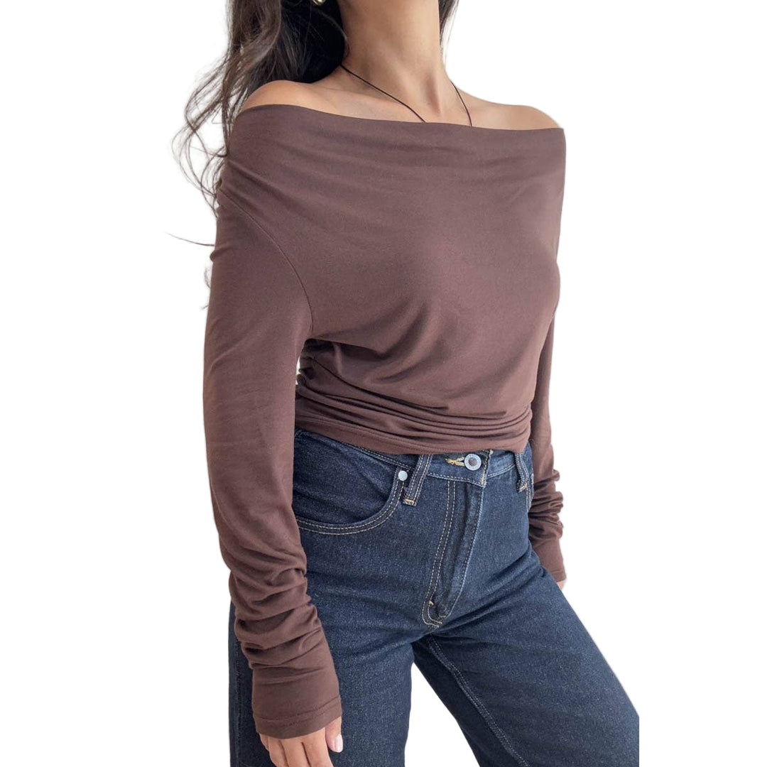 Brown Cowl Neck Long Sleeve Top