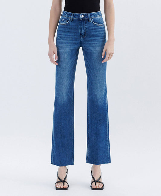 High Rise Clean Cut Raw Hem Straight Leg Jeans with Comfort Stretch