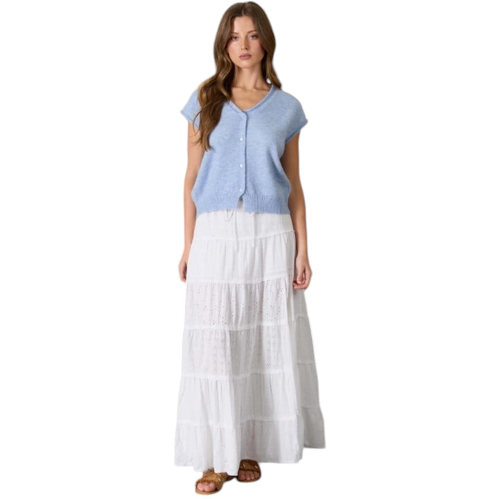 Raw Edge V Neck Sleeveless Knit Cardigan Sweater in Light Blue