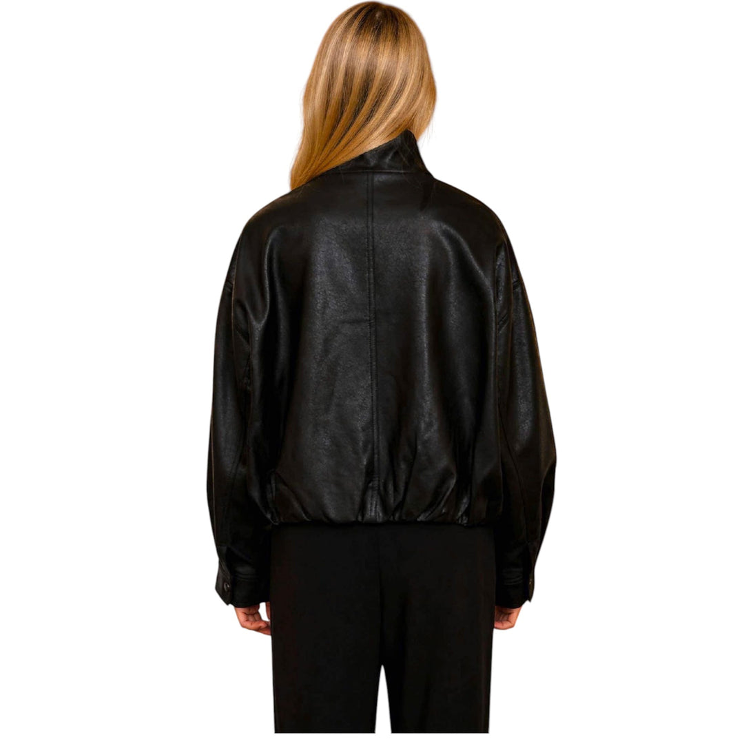 Black Faux Leather Mock Neck Bomber Jacket
