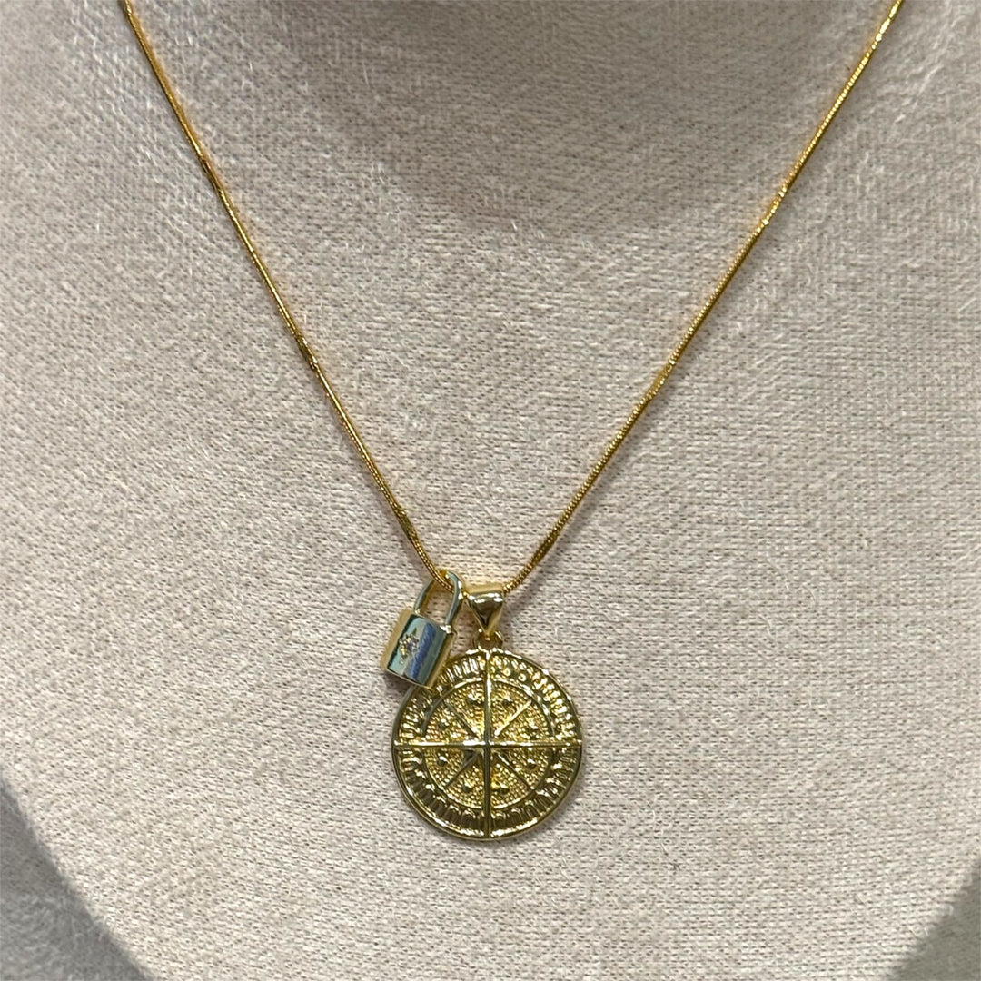 Gold North Star Compass and Pad Lock Charm Pendant Necklace