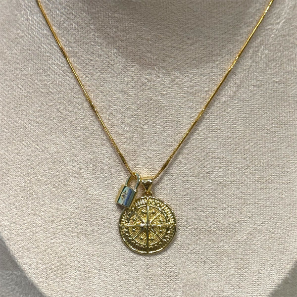 Gold North Star Compass and Pad Lock Charm Pendant Necklace
