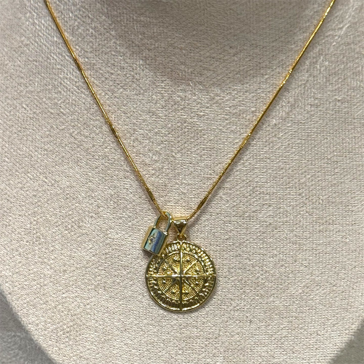 Gold North Star Compass and Pad Lock Charm Pendant Necklace