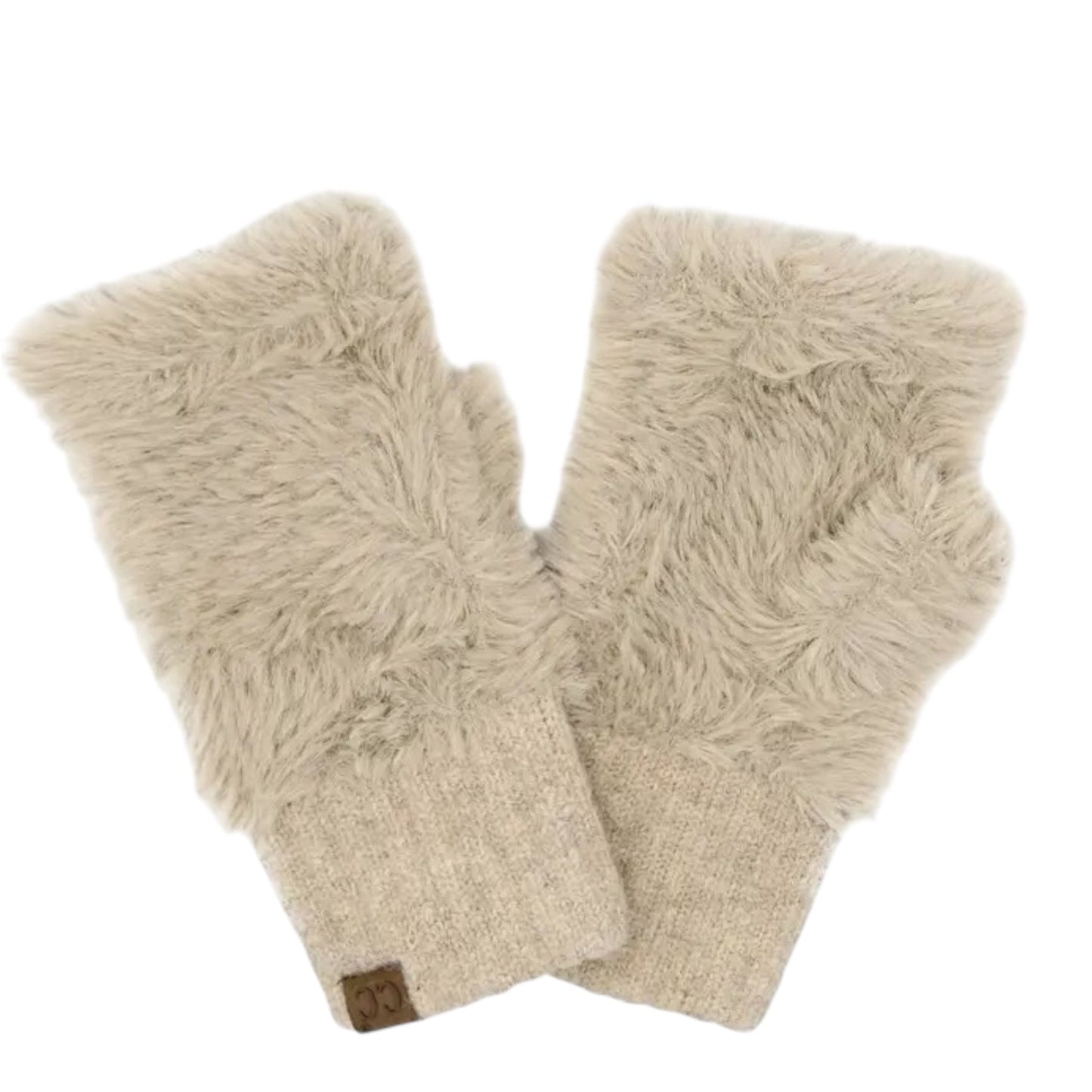 Beige CC Plush Fingerless Gloves