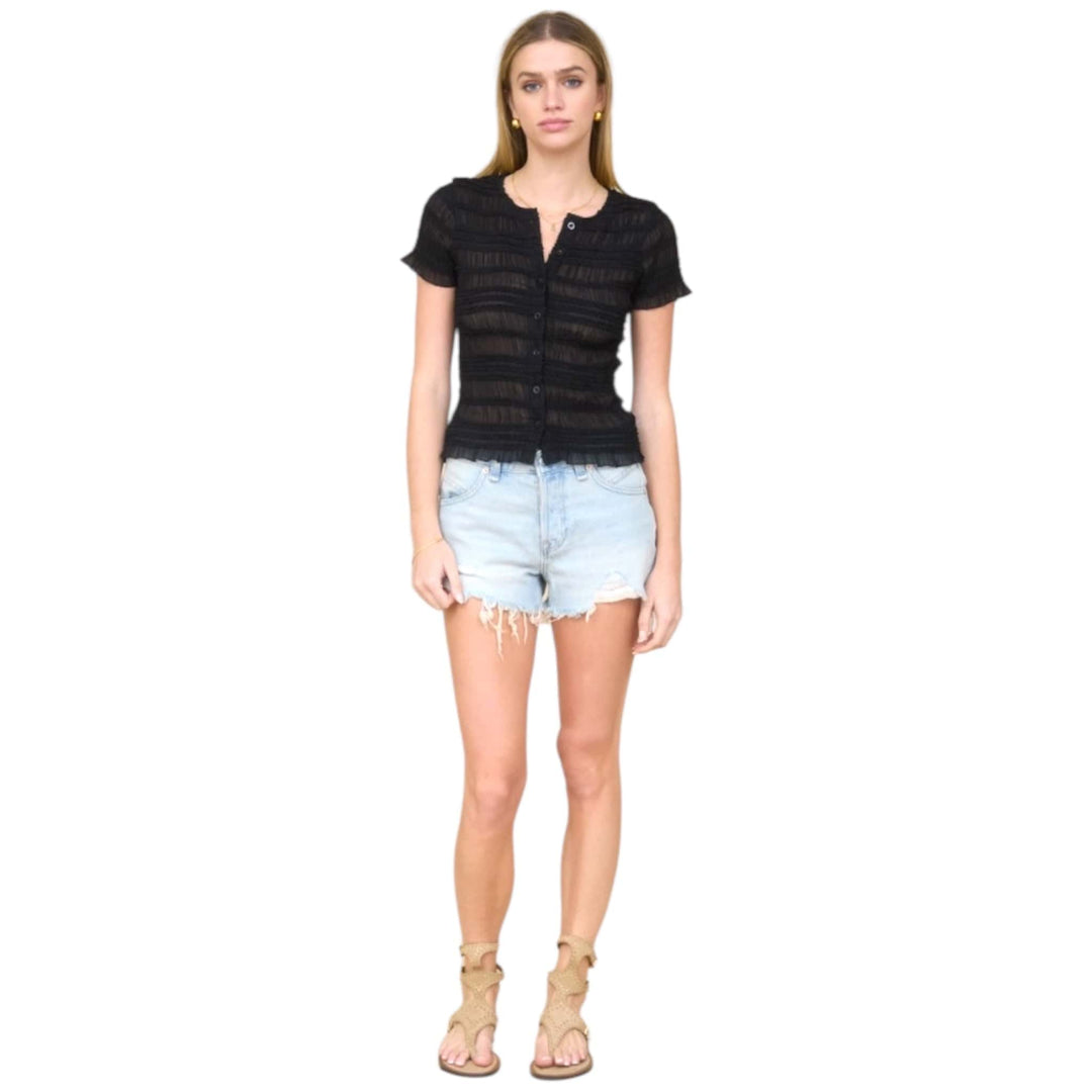 Black Shirred Short Sleeve Cardigan