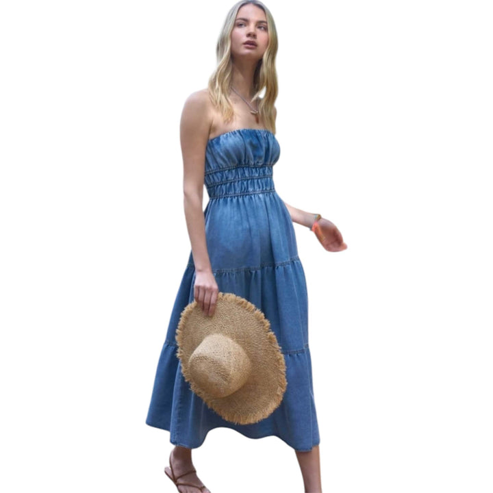 Strapless Shirred Tiered Denim Midi Dress