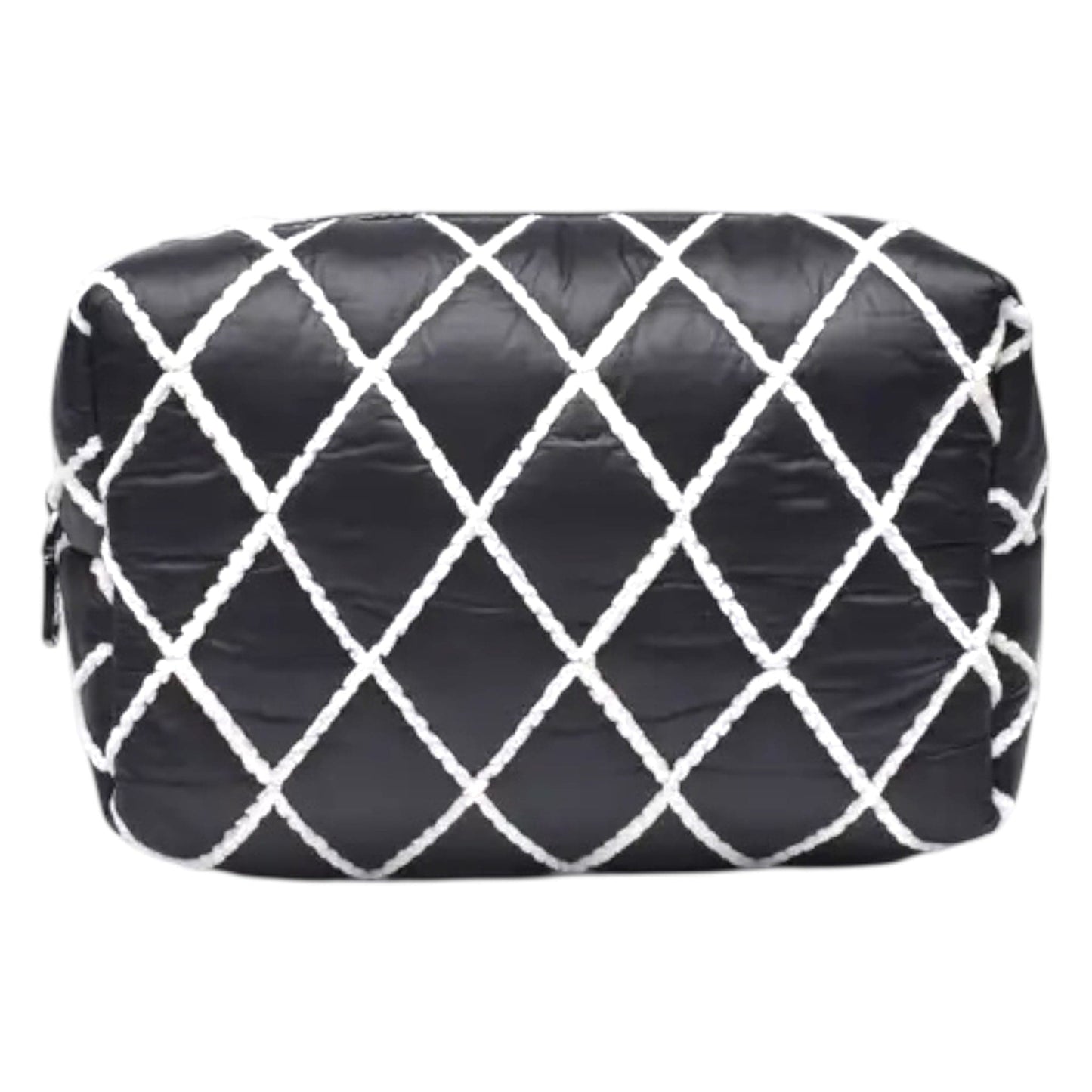 Black and White Nylon Quilted Cosmetic Pouch