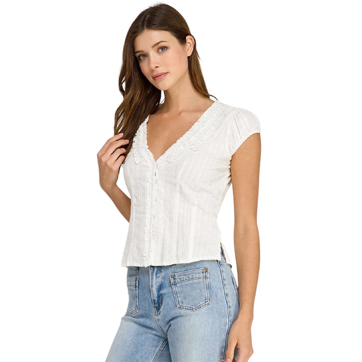 Off White Ruffle Trim V Neck Blouse