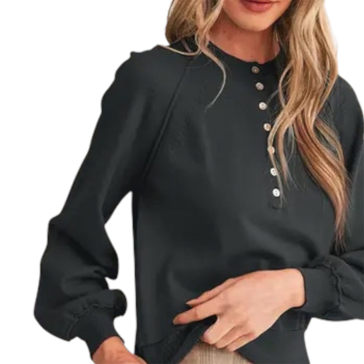 Black Puff Sleeve Henley Sweater