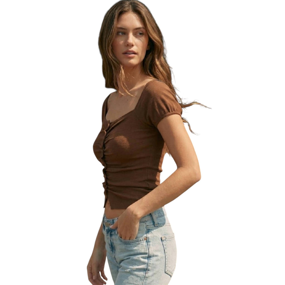 Brown Ruched Button Front Top