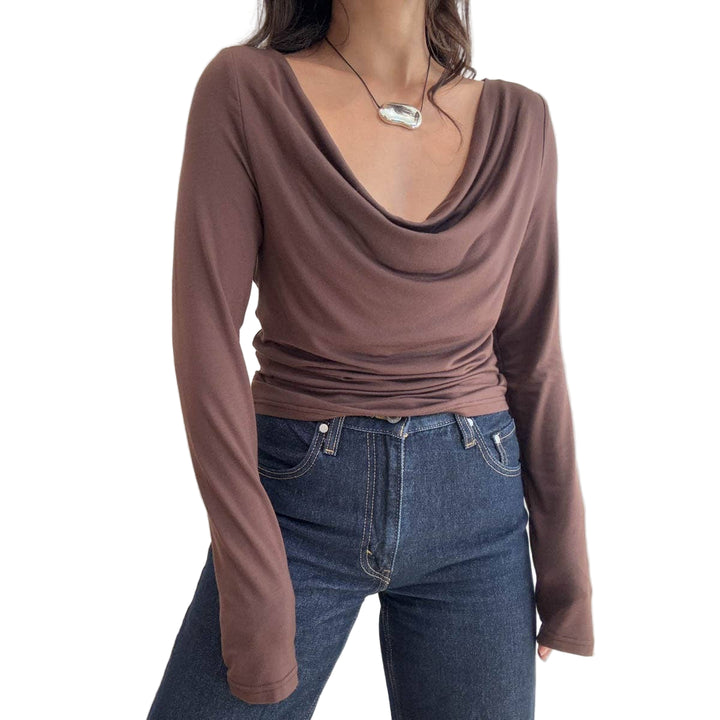 Brown Cowl Neck Long Sleeve Top