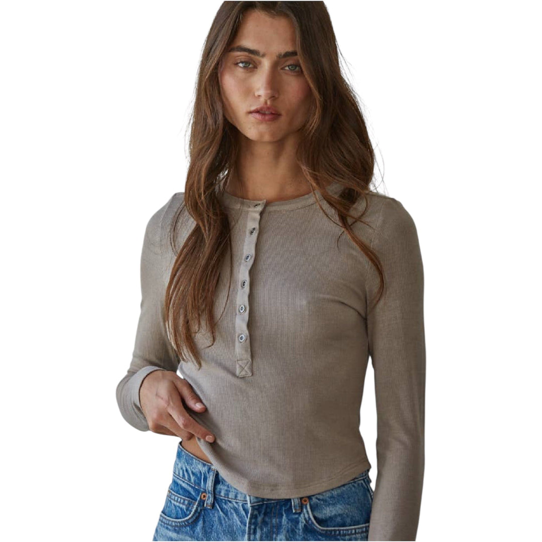 Knit Ribbed Crew Neck Long Sleeve Half Button Up Top