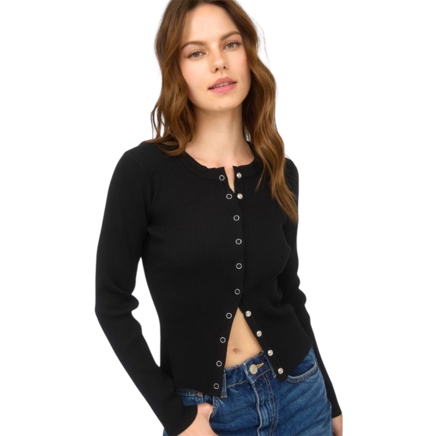 Black Snap Button Down Round Neck Knit Cardigan