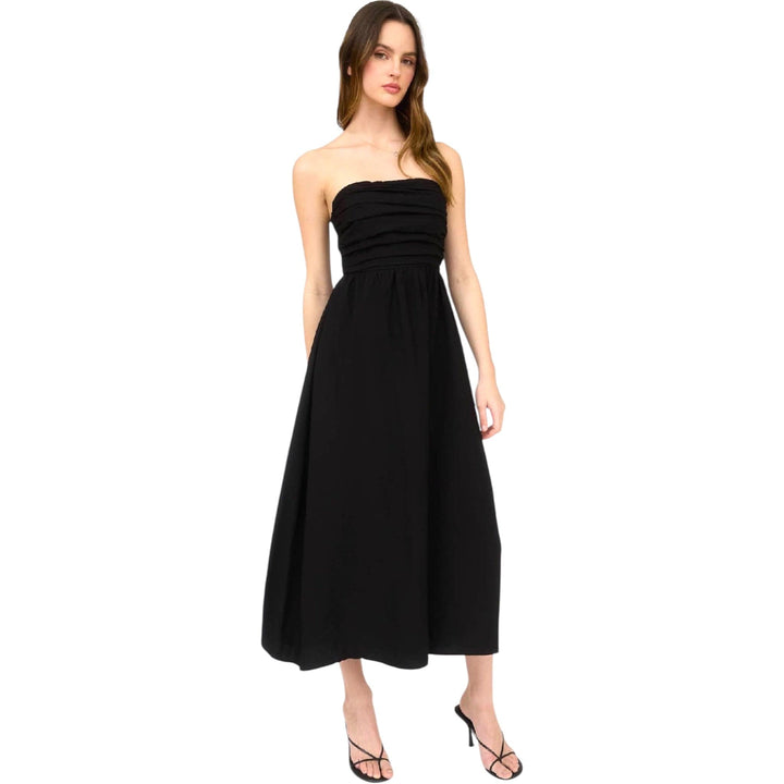 Black Pleated Bodice Strapless Midi Dress