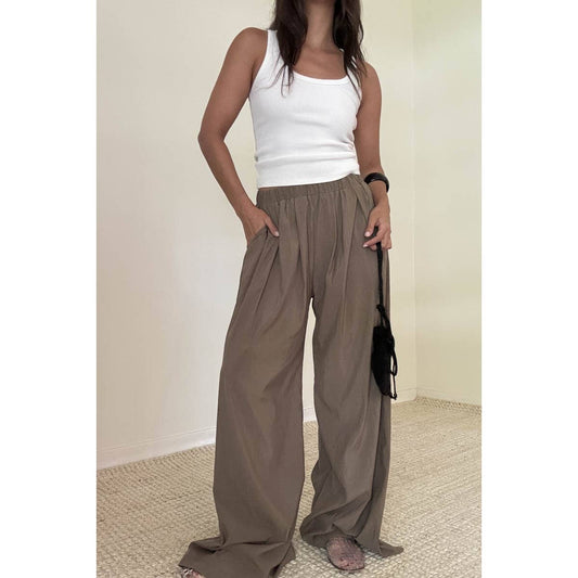 Taupe Elastic Waist Wide Leg Taupe Pants
