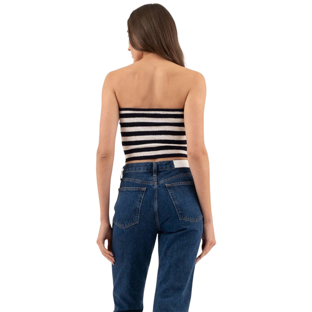 Stripe Strapless Sweater Knit Tube Top in Navy