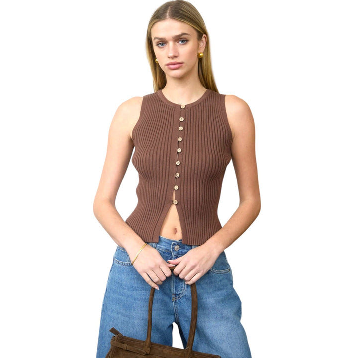 Brown Ribbed Sleeveless Cardigan Top