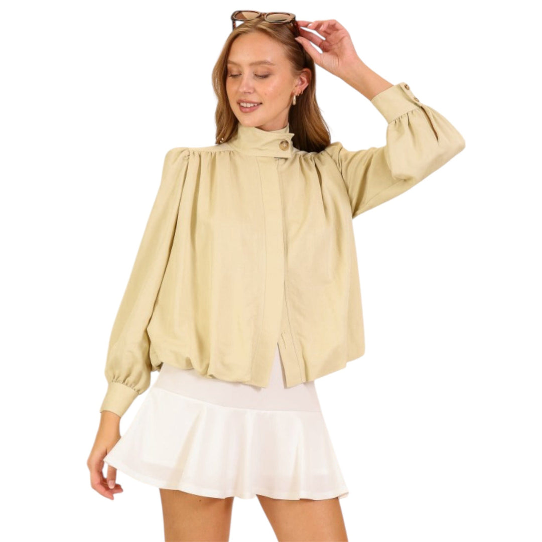 Gathered Mock Neck Jacket in Sage