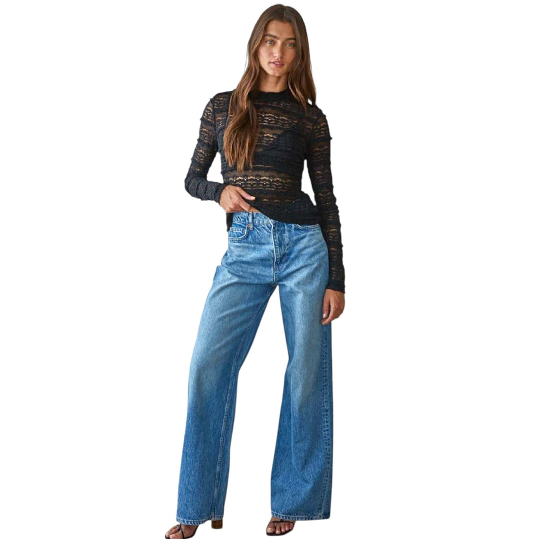 Black Lace Mock Long Sleeve Top