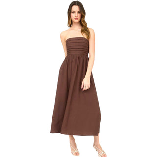 Brown Pleated Bodice Strapless Midi Dress