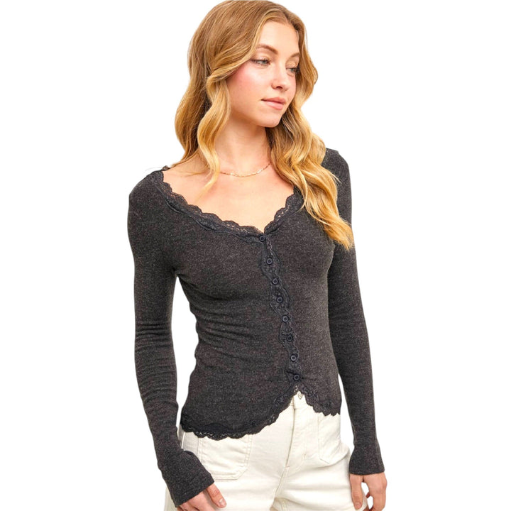 Charcoal Button Down Lace Trimmed Cardigan Top
