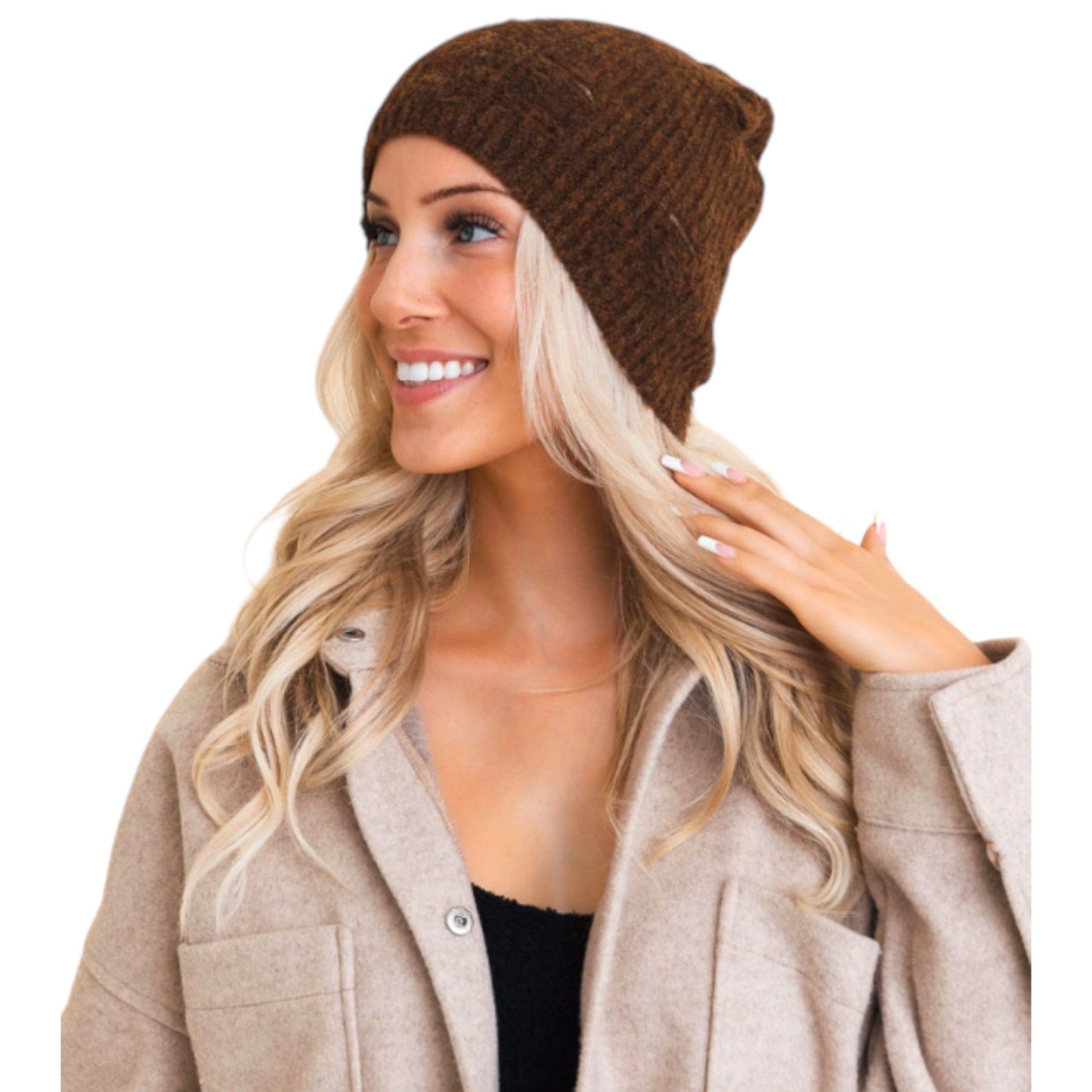 Distressed Knit Beanie - Brown and Olive Available