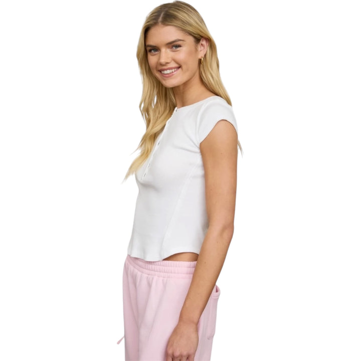 White Washed Exposed Seam Henley Ribbed Knit Top