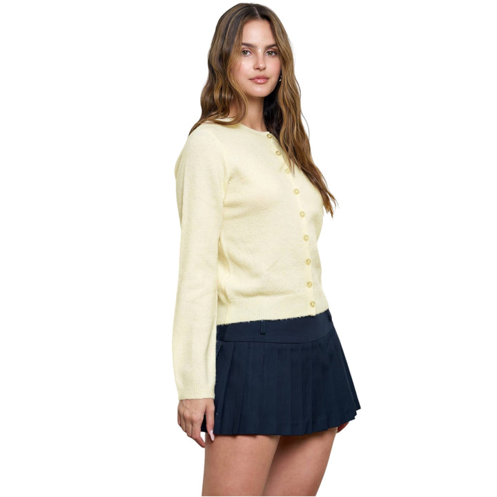 Butter Yellow Round Neck Button Down Cardigan