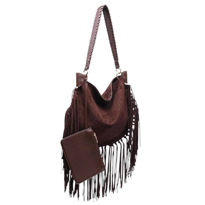 Brown Soft Textured Hobo Bag with Fringe