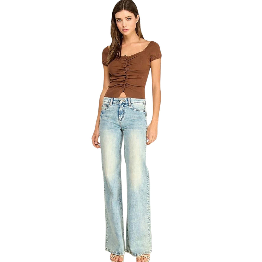 Brown Ruched Button Front Top