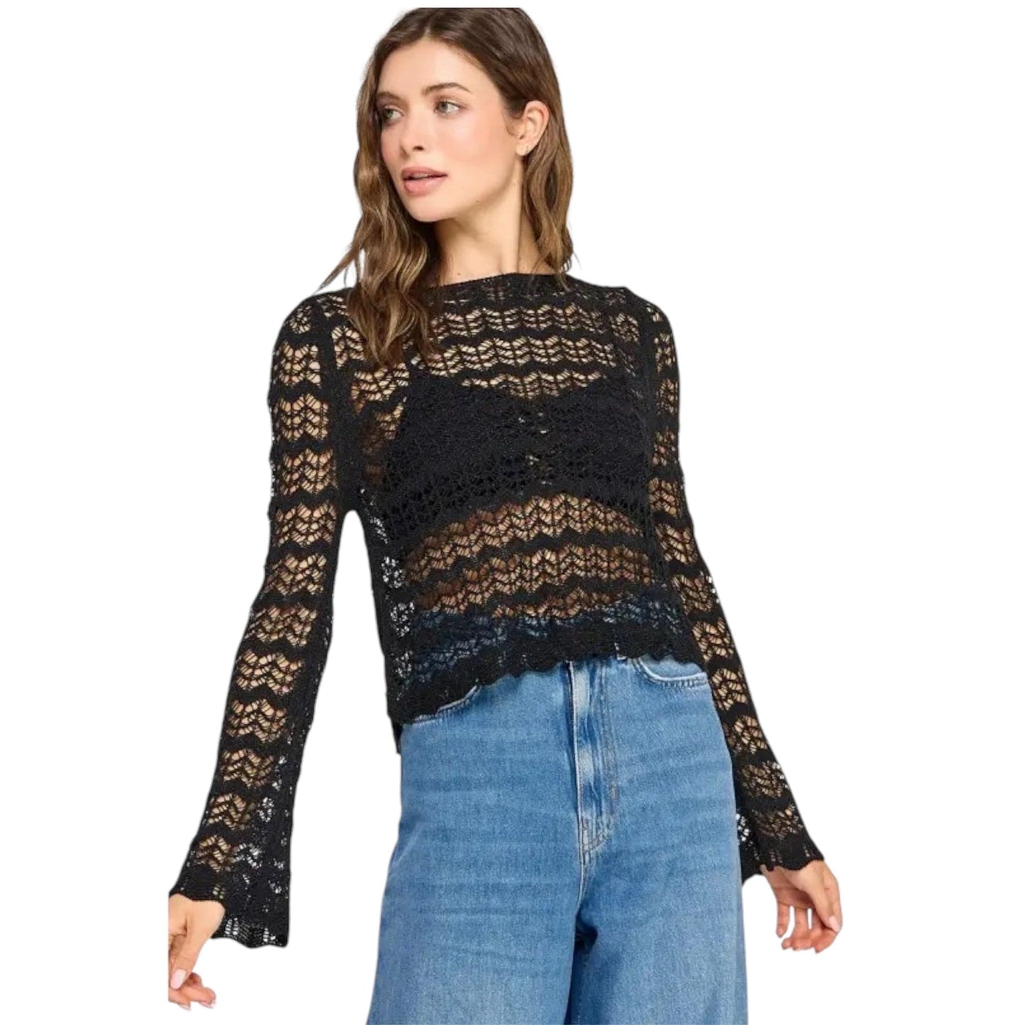Black Pointelle Knit Sweater Top
