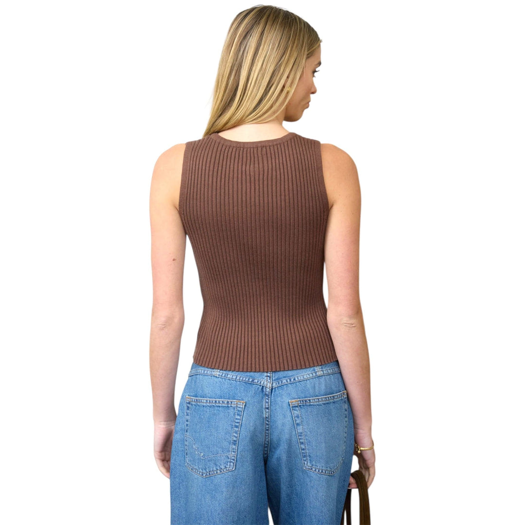 Brown Ribbed Sleeveless Cardigan Top