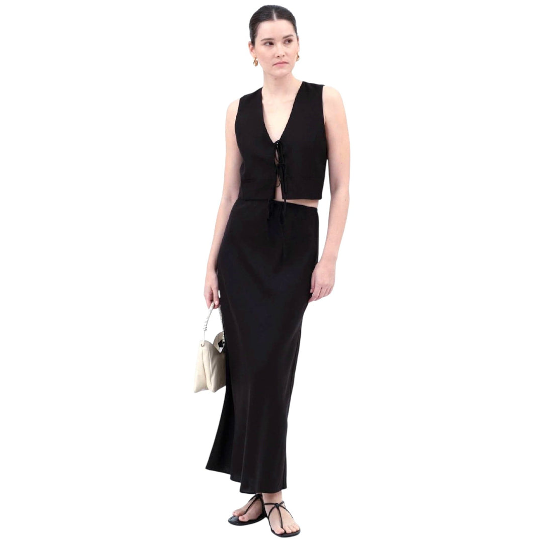 Black V Neck Front Tie Cropped Vest