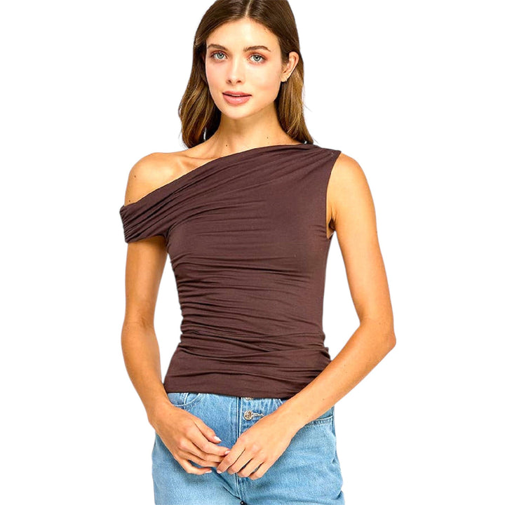 Brown One Shoulder Ruched Top