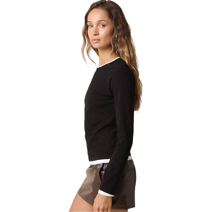 Black and White Contrast Trim Long Sleeve Top