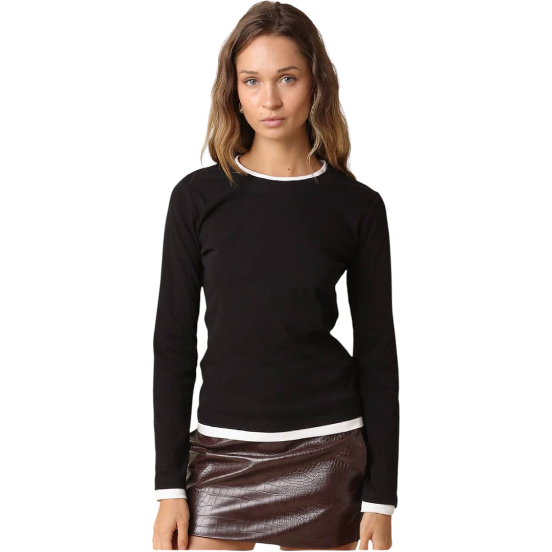 Black and White Contrast Trim Long Sleeve Top