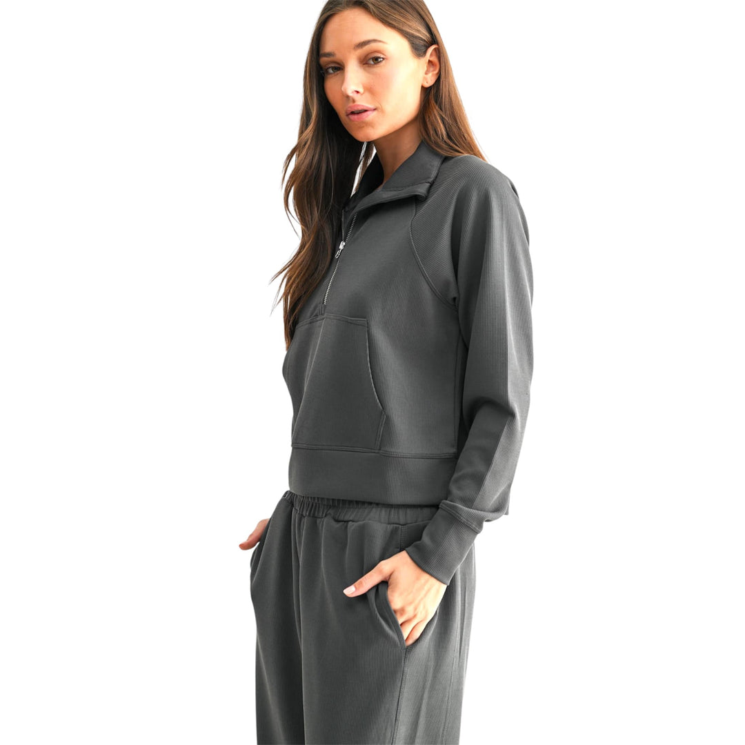 Grey Luxe Sand Wash Ribbed 1/4 Zip Top