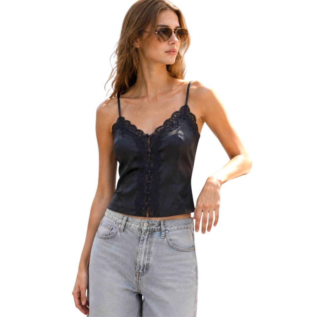 Black Trim Satin Cami Top (PREORDER)