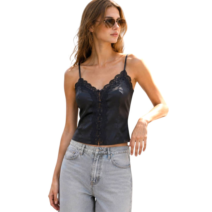 Black Trim Satin Cami Top (PREORDER)