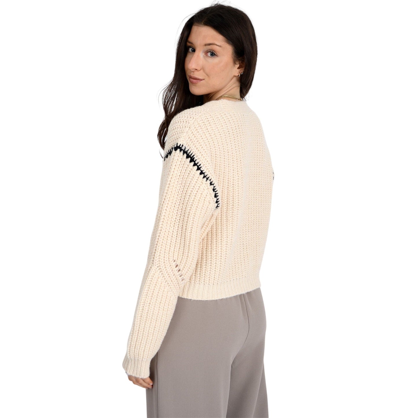 Long Sleeve V Neck Cardigan with Contrast Stitching in White Beach