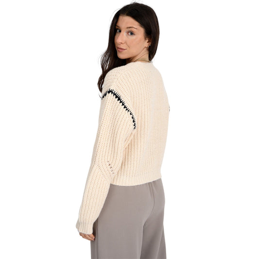 Long Sleeve V Neck Cardigan with Contrast Stitching in White Beach