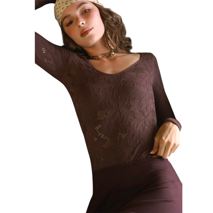 Brown Lace Textured Long Sleeve Bodysuit